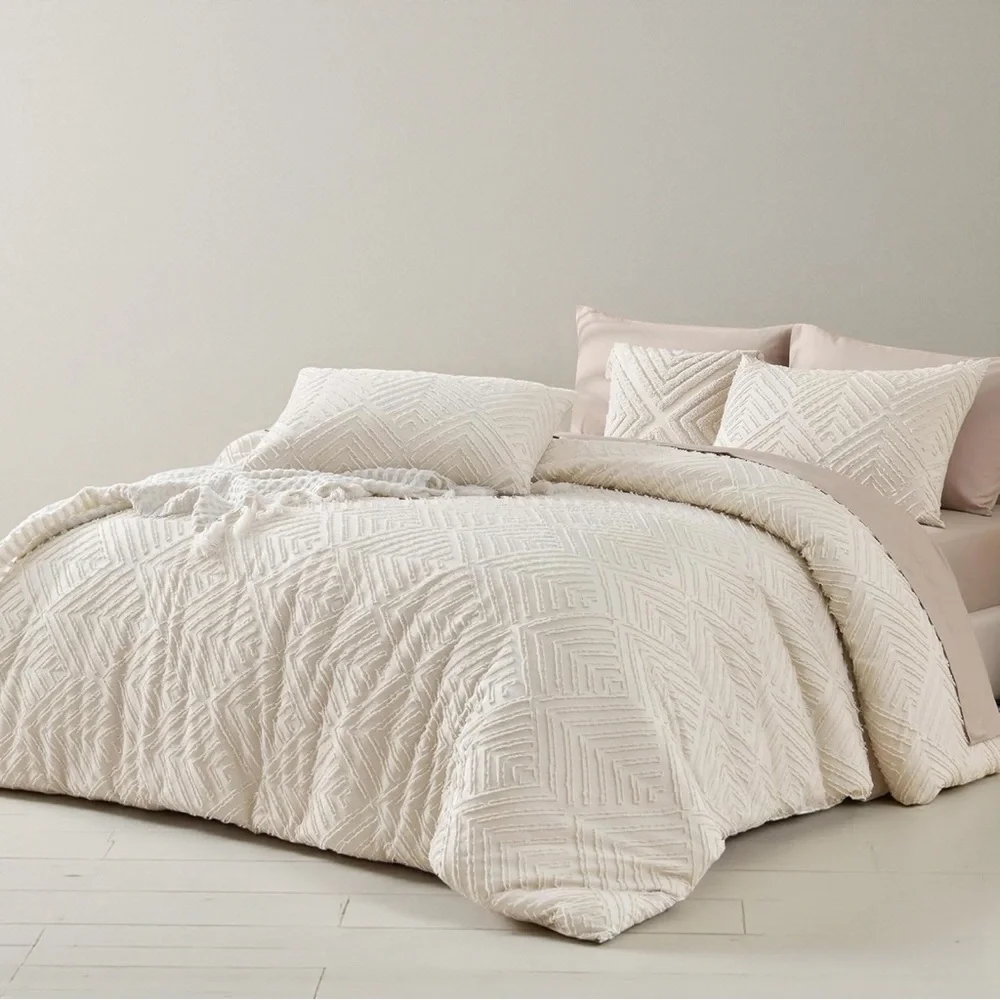 NEW Anthro Beige Diamond Tufted Queen / King Boho Comforter Bedding & Sham Set